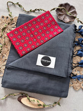 Dark Grey Handloom Cotton Saree With Red Print Blouse